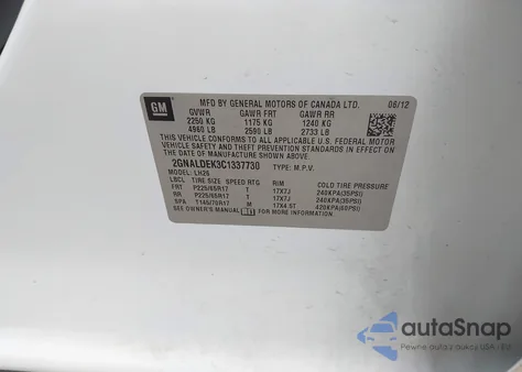 2012 Chevrolet Equinox 1Lt z USA, uszkodzony, nr VIN 2GNALDEK3C1337730